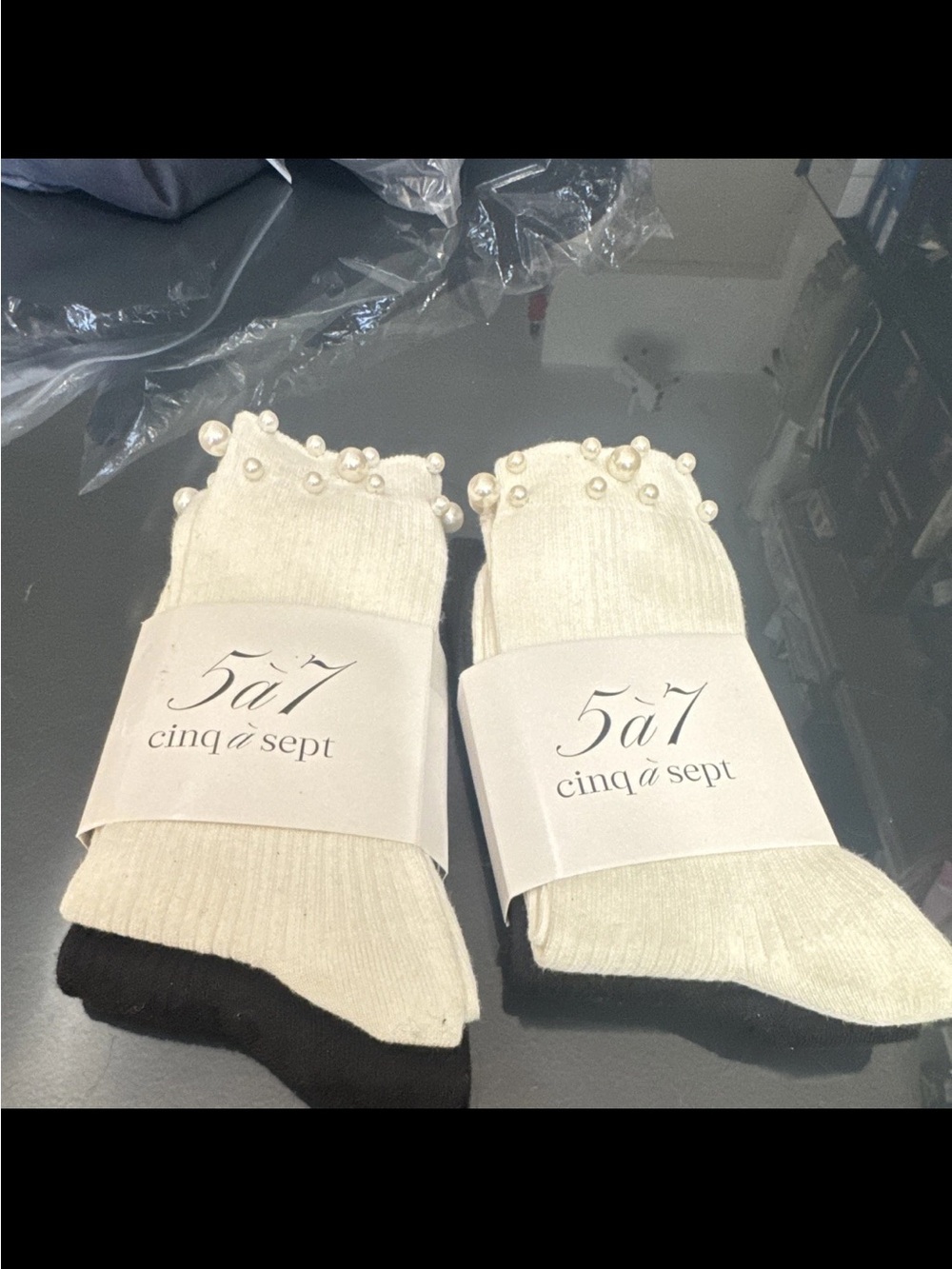 cinq a sept Cream Pearl-Embellished Ribbed Crew Socks